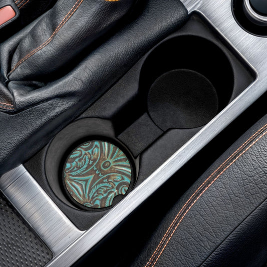 Turquoise Tooled Leather, Soapstone Car Coaster