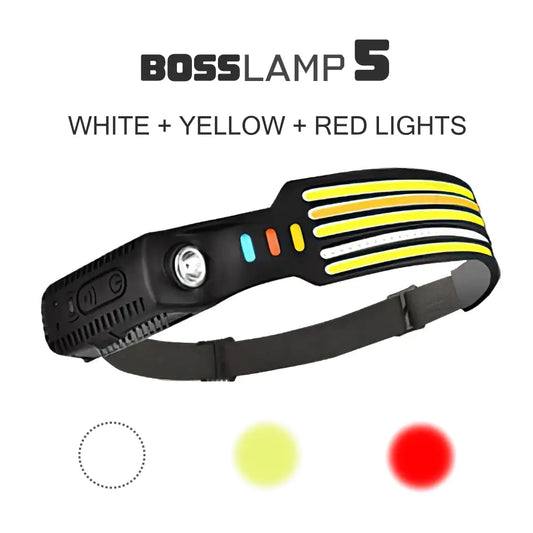 BossLamp 5-Head COB LED Headlamp: White, Yellow, Red